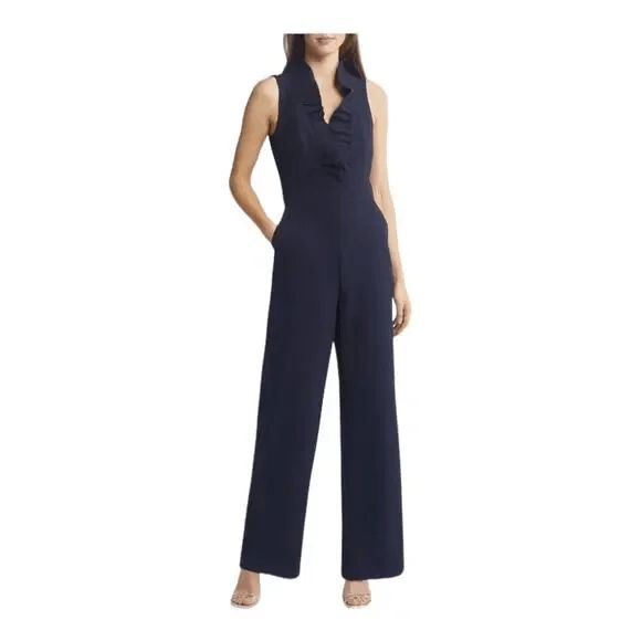 Eliza J Ruffled Sleeveless Jumpsuit V Neck Size‎ 6 Navy - Picture 1 of 9